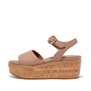 Beige Women's FitFlop Eloise Cork-Wrap Leather Wedge Sandals | 830GRKDAZ