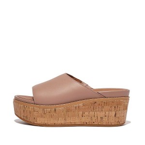 Beige Women's FitFlop Eloise Cork-Wrap Leather Wedge Slides | 167PRAVKY