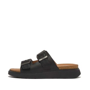 Black Men's FitFlop Gen-Ff Buckle Two Bar Leather Slides | 569ORZWYT