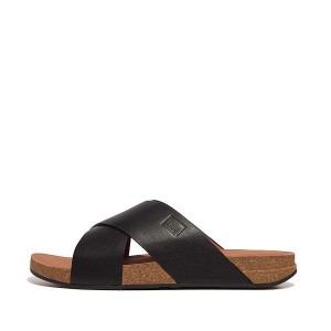 Black Men's FitFlop Iqushion Leather Cross Slides | 839KQWENZ