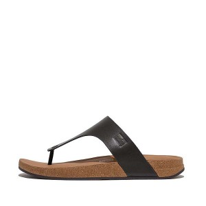 Black Men's FitFlop Iqushion Leather Toe-Post Sandals | 632LTBXAQ