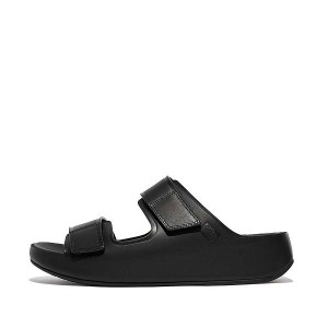 Black Men's FitFlop Samel Adjustable Leather Slides | 368HODRSC