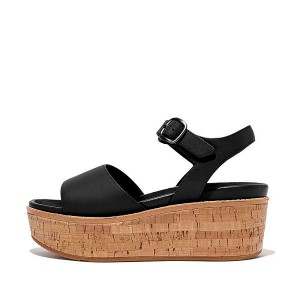 Black Women's FitFlop Eloise Cork-Wrap Leather Wedge Sandals | 639OMZWLX