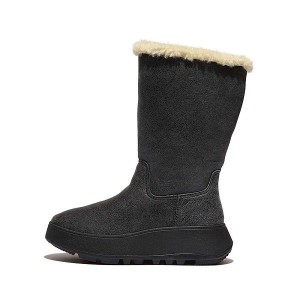 Black Women's FitFlop F-Mode Double Faced Shearling Leather Flatform Calf Boots | 012WGOQPL