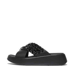 Black Women's FitFlop F-Mode Jewel Deluxe Leather Flatform Cross Slides | 139ZTWDOE