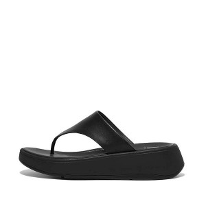 Black Women's FitFlop F-Mode Leather Flatform Toe-Post Sandals | 795XADBCP