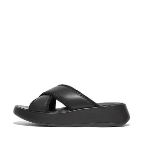 Black Women's FitFlop F-Mode Leather Flatform Cross Slides | 254TBGLOK