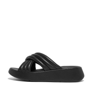 Black Women's FitFlop F-Mode Padded Leather Flatform Cross Slides | 682SKBVYT