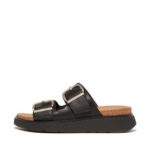 Black Women's FitFlop Gen-Ff Buckle Two Bar Leather Slides | 235NELSWR