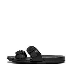 Black Women's FitFlop Gracie Buckle Two Bar Leather Slides | 451GROQJM