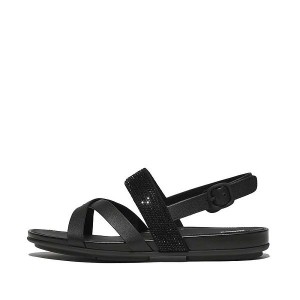 Black Women's FitFlop Gracie Crystal Leather Strappy Back-Strap Sandals | 613HXANYS