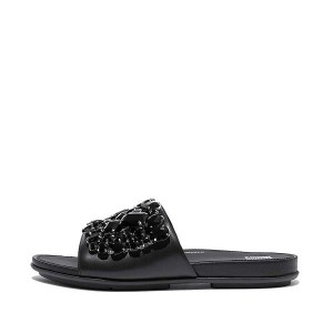 Black Women's FitFlop Gracie Jewel Deluxe Leather Slides | 962CIEPYK