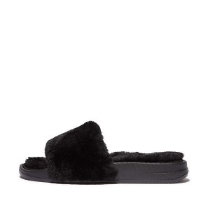 Black Women's FitFlop Iqushion Shearling Slides | 157QXTLKS