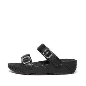 Black Women's FitFlop Lulu Adjustable Leather Slides | 615DKHPVO