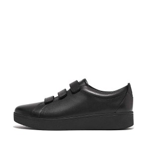 Black Women's FitFlop Rally Leather Strap Sneakers | 739VOYHGK