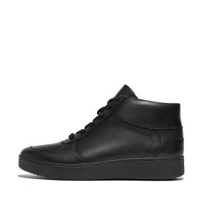 Black Women's FitFlop Rally Perf Leather Mid Top Panel Sneakers | 617BMPJRO