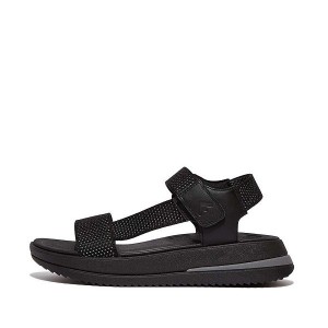 Black Women's FitFlop Surff Two Tone Sports Webbing Leather Back-Strap Sandals | 936OUKAJD