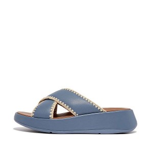 Blue Women's FitFlop F-Mode Leather Flatform Cross Slides | 426SCNMPI