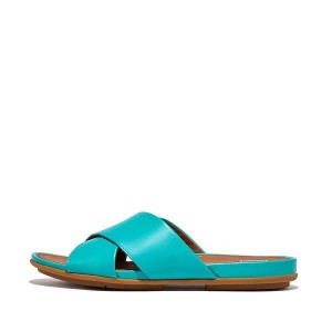 Blue Women's FitFlop Gracie Leather Cross Slides | 751CWKLBS