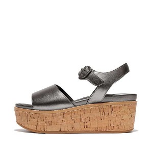 Blue / Grey Women's FitFlop Eloise Cork-Wrap Metallic Leather Back-Strap Wedge Sandals | 597VAPDHC