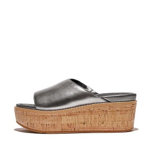 Blue / Grey Women's FitFlop Eloise Cork-Wrap Metallic Leather Wedge Slides | 850IESGHK