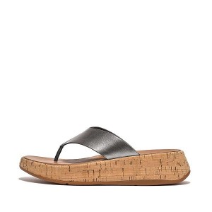 Blue / Grey Women's FitFlop F-Mode Metallic Leather Cork Flatform Toe-Post Sandals | 810UAJLOF