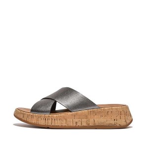 Blue / Grey Women's FitFlop F-Mode Metallic Leather Cork Flatform Cross Slides | 543PGHSOR