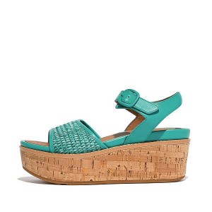 Blue / White Women's FitFlop Eloise Cork-Wrap Woven Back-Strap Wedge Sandals | 485KSYLXI