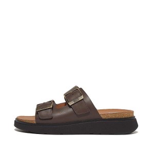 Brown Men's FitFlop Gen-Ff Buckle Two Bar Leather Slides | 423CDOYSI