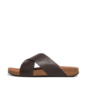 Brown Men's FitFlop Iqushion Leather Cross Slides | 765CTQFYG