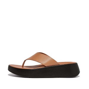 Brown Women's FitFlop F-Mode Luxe Leather Flatform Toe-Post Sandals | 821HJOZXT