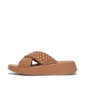 Brown Women's FitFlop F-Mode Woven Leather Flatform Cross Slides | 357IGZOXE