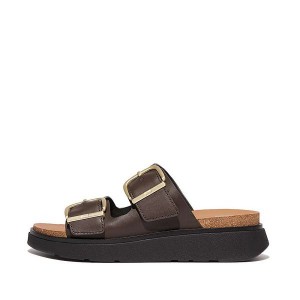 Brown Women's FitFlop Gen-Ff Buckle Two Bar Leather Slides | 286MQZXRI