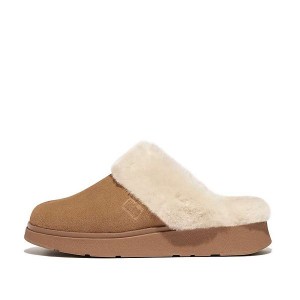 Brown Women's FitFlop Gen-Ff Shearling Collar Suede Slippers | 258LDUXWZ