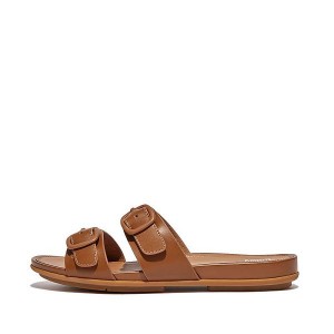 Brown Women's FitFlop Gracie Buckle Two Bar Leather Slides | 915FIUYXQ