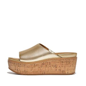 Brown / Gold Women's FitFlop Eloise Cork-Wrap Metallic Leather Wedge Slides | 061KLPSCN