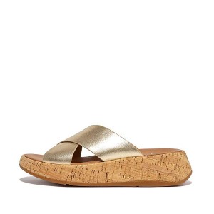 Brown / Gold Women's FitFlop F-Mode Metallic Leather Cork Flatform Cross Slides | 917EANZPB