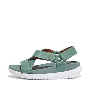 Green Women's FitFlop Loosh Leather Cross Strap Sandals | 365DKXYJH