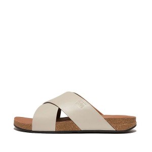 Grey Men's FitFlop Iqushion Leather Cross Slides | 507WAXCHY