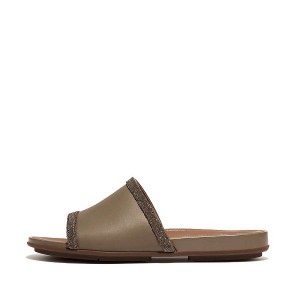 Grey Women's FitFlop Gracie Opul Trim Leather Slides | 760ZBEJRL