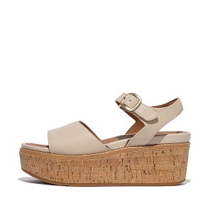 Grey / Beige Women's FitFlop Eloise Cork-Wrap Leather Wedge Sandals | 328IAZPYB