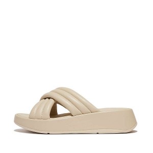 Grey / Beige Women's FitFlop F-Mode Padded Leather Flatform Cross Slides | 985TWXARV