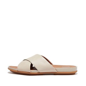 Grey / Beige Women's FitFlop Gracie Leather Cross Slides | 417LOKBTR