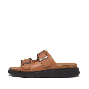 Light Brown Men's FitFlop Gen-Ff Buckle Two Bar Leather Slides | 945ACODNX