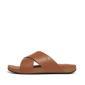 Light Brown Men's FitFlop Iqushion Leather Cross Slides | 701LDZXRI