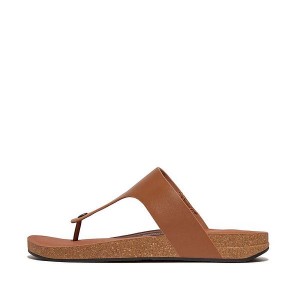 Light Brown Men's FitFlop Iqushion Leather Toe-Post Sandals | 369SFLKNO