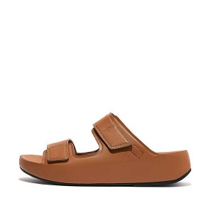 Light Brown Men's FitFlop Samel Adjustable Leather Slides | 387OYWPBH