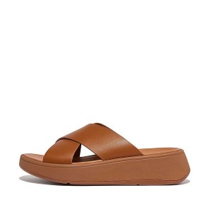 Light Brown Women's FitFlop F-Mode Leather Flatform Cross Slides | 328SDZNPV