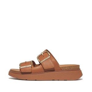 Light Brown Women's FitFlop Gen-Ff Buckle Two Bar Leather Slides | 209RSJENQ