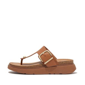 Light Brown Women's FitFlop Gen-Ff Buckle Leather Toe-Post Sandals | 691PQVONI